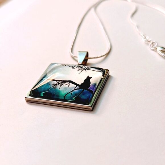 Black Cat Hand Crafted Stainless Steel Charm Stamped Sterling Silver Necklace - Picture 4 of 7